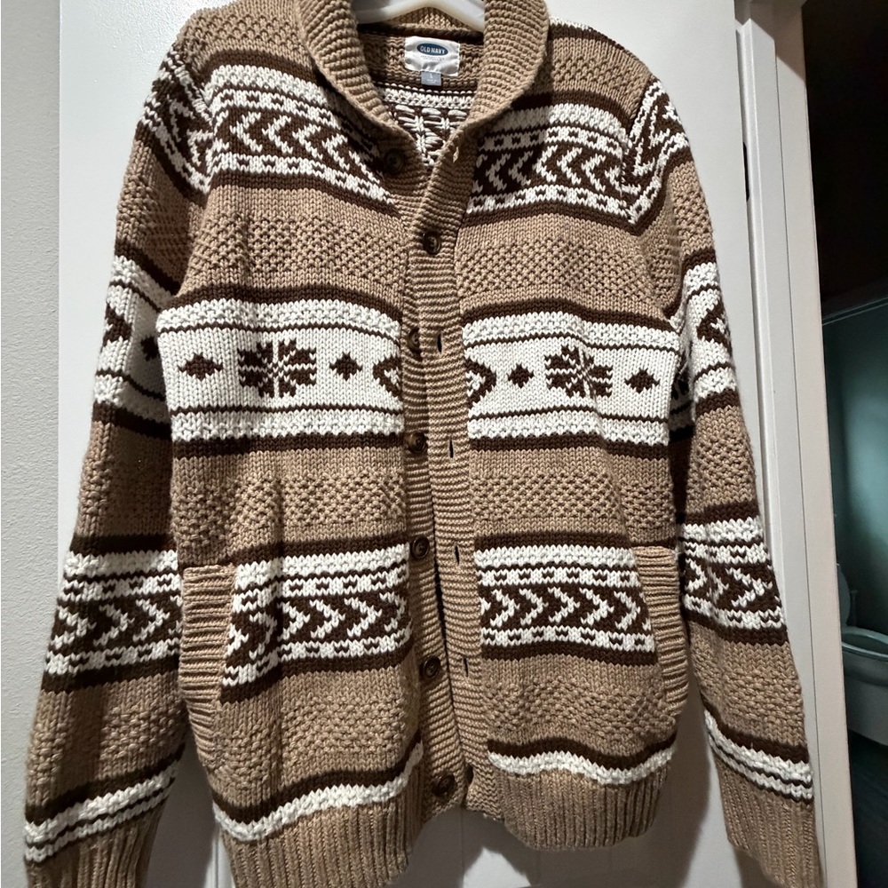 Old Navy Tan and White Cardigan Sweater